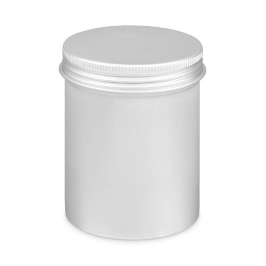 Tall round aluminium tin with screw lid in silver with product code T9073.