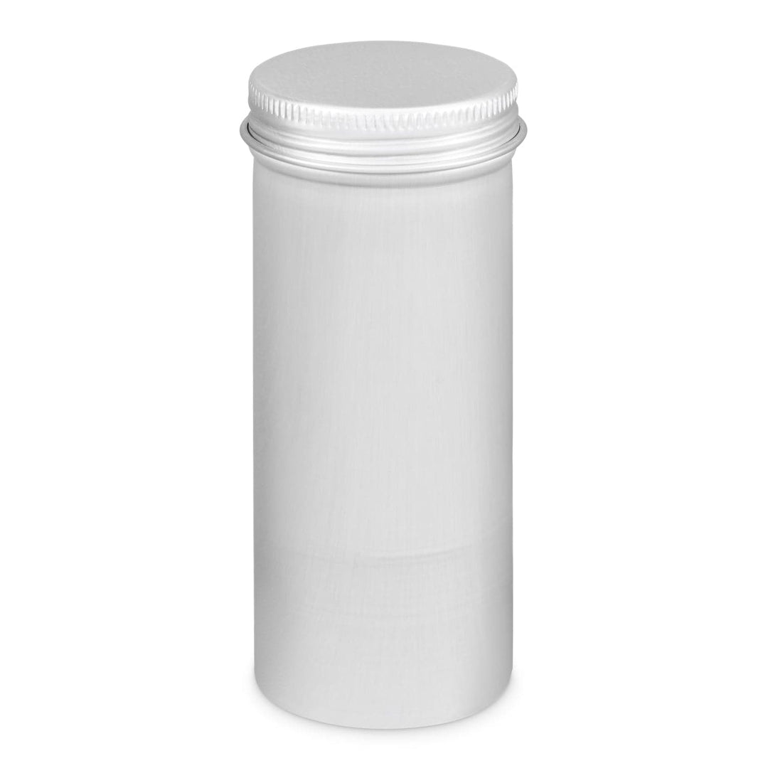 Tall round aluminium tin with screw lid in silver with product code T9071.