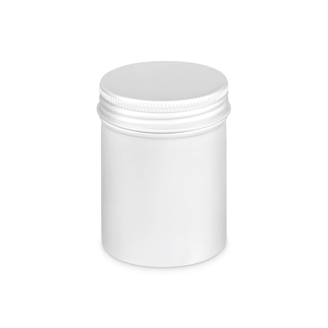 Tall round aluminium tin with screw lid in silver with product code T9073.