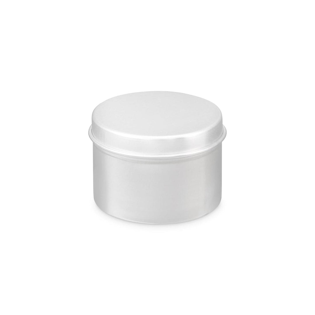 Round silver aluminum tin with a seamless design on a white backdrop