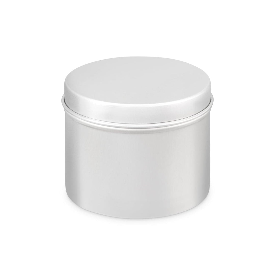 Silver-colored aluminum tin with a removable lid isolated on white