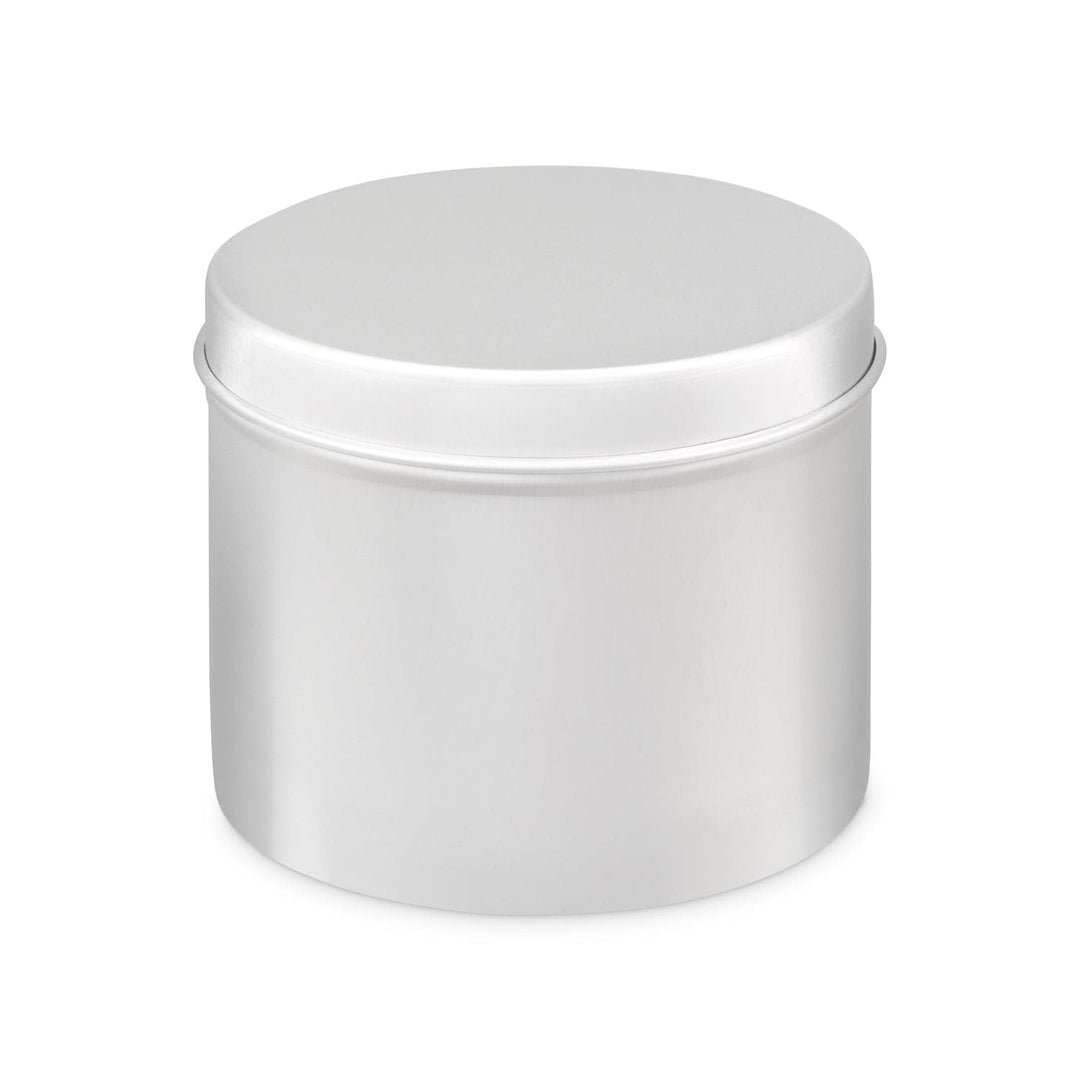 Aluminum silver seamless tin with a fitted lid presented on a white surface