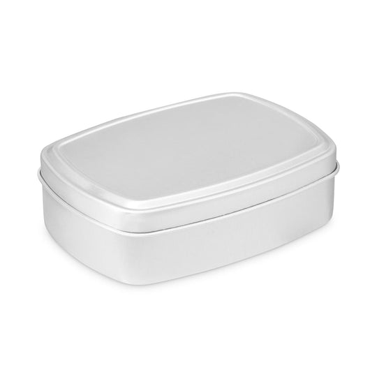 A rectangular tin with slightly curved sides. The lid features a step and the tin itself is silver. The product code is T9875.