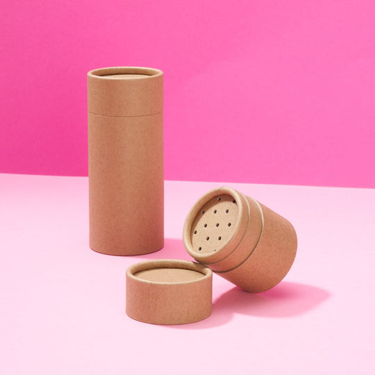 Image showing both cardboard tubes with internal shaker and lid, one with lid off to show the shaker. Ideal for cosmetics and powders.