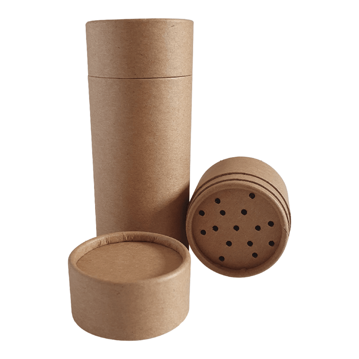 Two sizes of cardboard shaker tubes with the smallest with its lid off to show internal shaker.