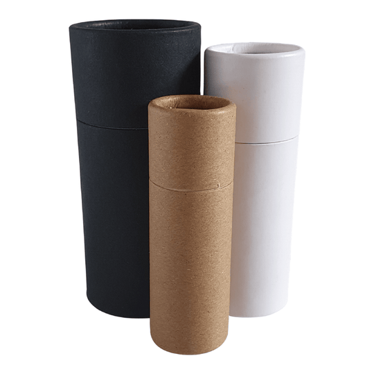 Three sizes of cardboard push-up base tubes with internal water resistant lining in black, brown and white..
