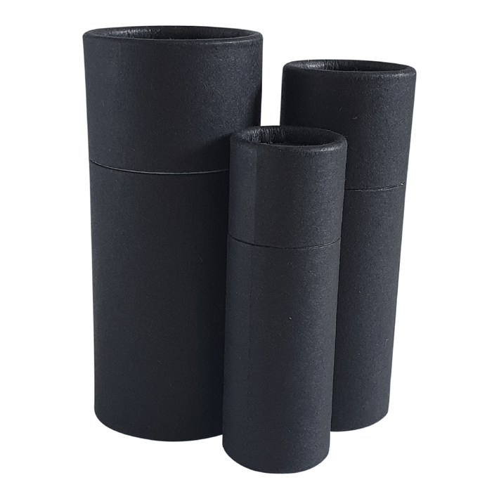 Three sizes of black cardboard push-up base tubes with internal water resistant lining.