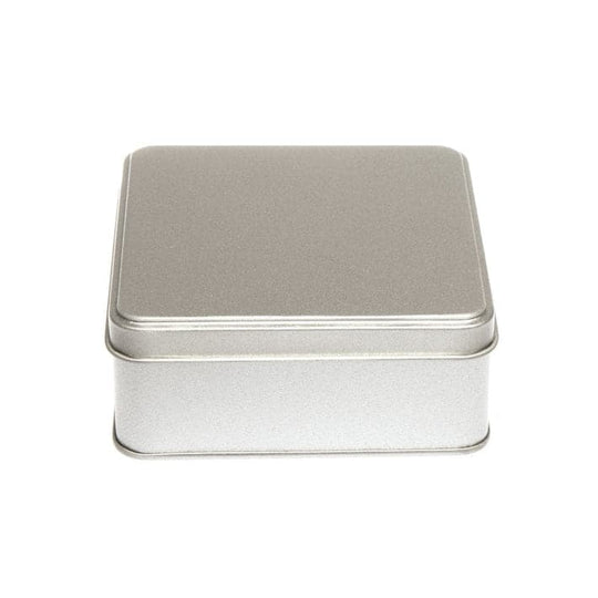 An image of a square tin with stepped lid in silver with product code T1055.