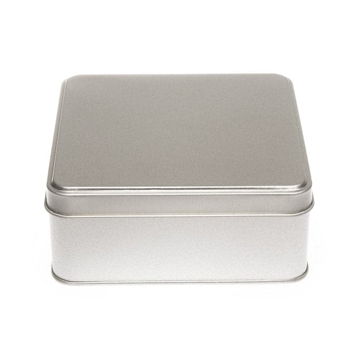An image of a square tin with stepped lid in silver with product code T1065.