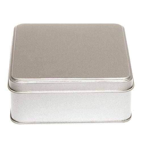 An image of a square tin with stepped lid in silver with product code T1075.