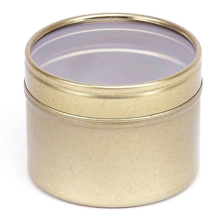 A gold seamless tin with a clear lid and product code T0738W.