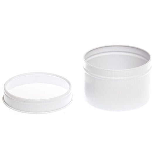 A white seamless tin with the clear lid off.