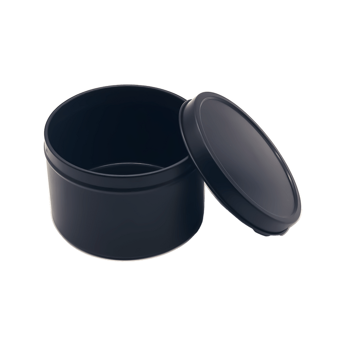 A black seamless tin with lid off showing the inside of the tin as black.