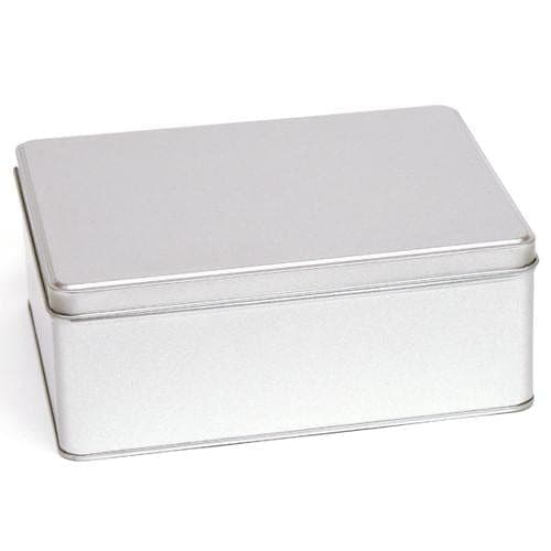 A large rectangular tin with a traditional lid in silver with product code T2335..