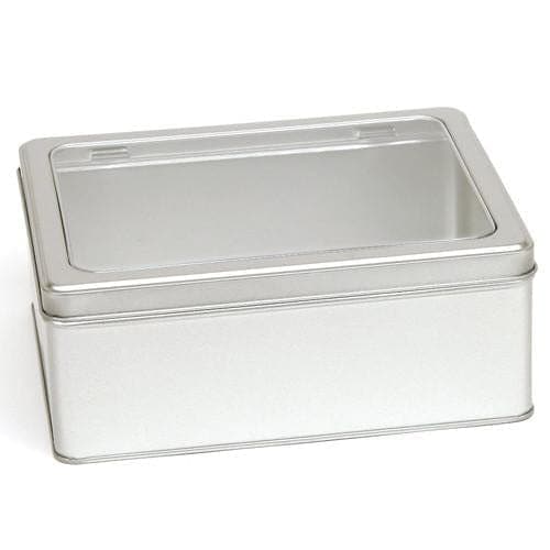 A large rectangular tin with a window lid in silver with product code T2335W..