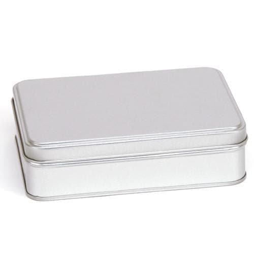 A large rectangular tin with traditional lid in silver with product code T2340.