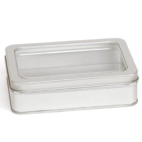 A large rectangular tin with a window lid in silver with product code T2340W.