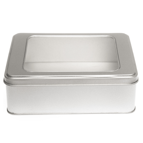 A large rectangular tin with a window lid in silver with product code T2337W.