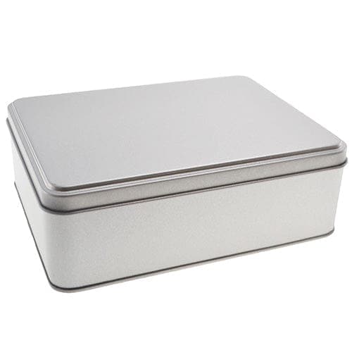 A large rectangular tin with a traditional lid in silver with product code T2337.