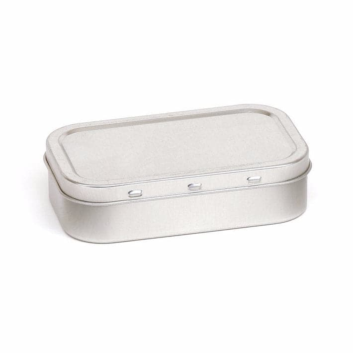 A picture of a silver rectangular tin which shows the lid pips for secure lid closure. The product code is T2105.