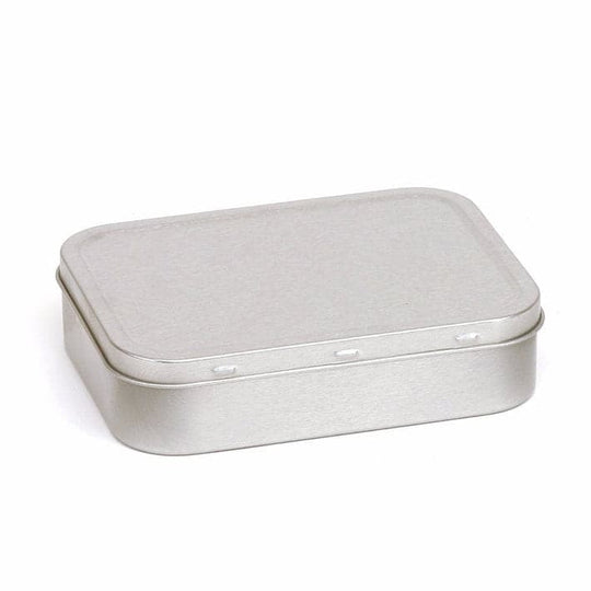 A picture of a silver rectangular tin which shows the lid pips for secure lid closure. The product code is T2108.