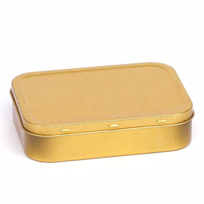 A picture of a gold rectangular tin which shows the lid pips for secure lid closure. The product code is T2107.