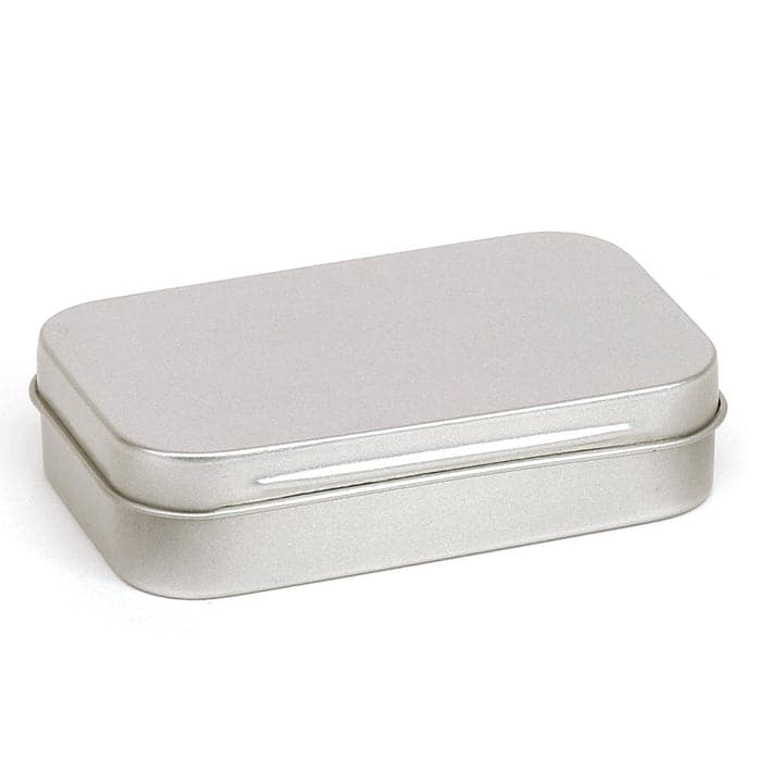 A rectangular tin in silver.