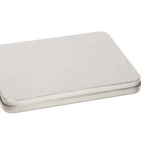 A large rectangular stationary tin in silver.