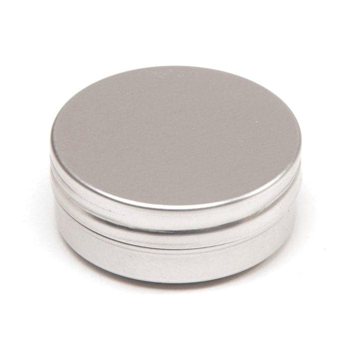 A silver aluminium metal container with a smooth screw lid.