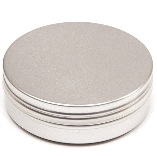A silver tin made from aluminium with a screw lid.