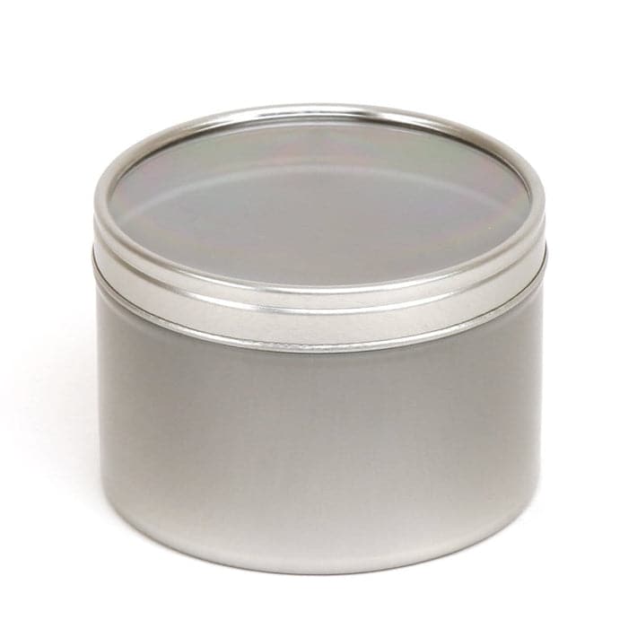 A round silver tin with a clear windowed slip lid with product code T0708W.