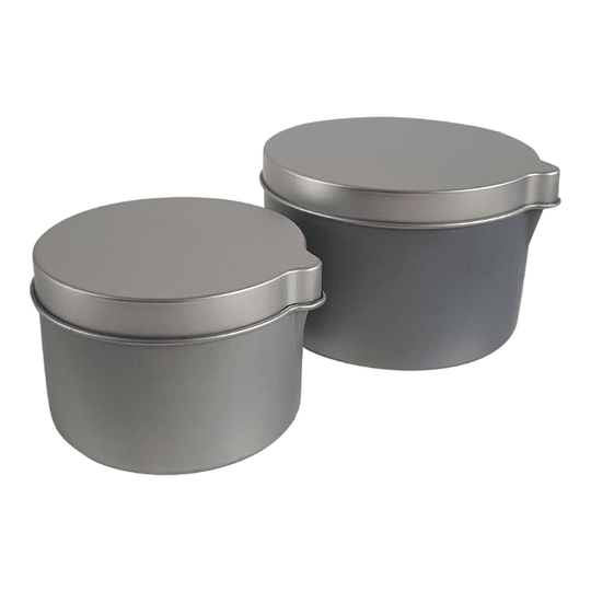 Two different silver seamless tins with pouring spouts.