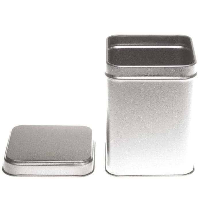 Square tin with slip lid in silver with lid off.